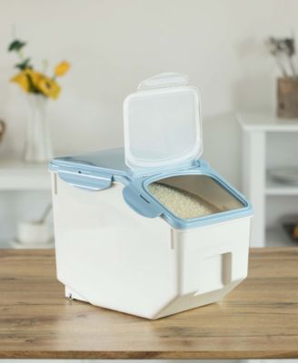 Medium Plastic Storage Food Holder Containers with a Measuring Cup and Wheels, Set of 3