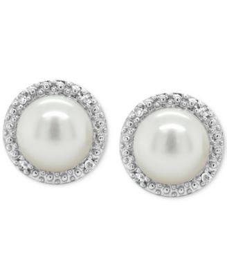 Cultured Freshwater Pearl & Diamond Accent Stud Earrings in Sterling Silver (Also in Onyx, Labradorite &Turquoise)
