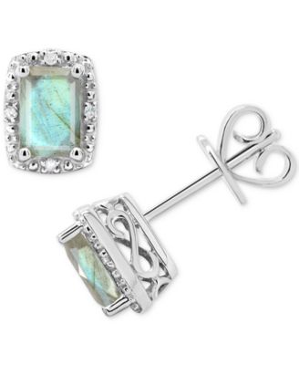 Onyx & Diamond Accent Rectangle Stud Earrings in Sterling Silver (Also in Turquoise & Labradorite)