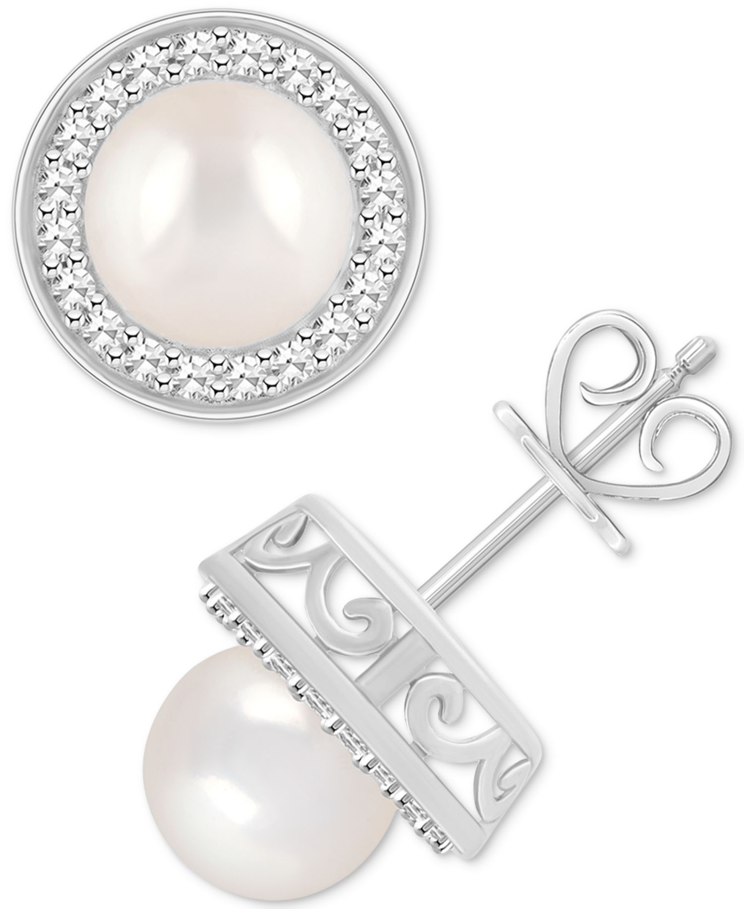 Cultured Freshwater Pearl & Diamond (1/5 ct. t.w.) Halo Stud Earrings in Sterling Silver