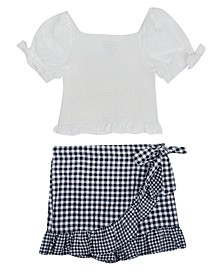 Big Girls Knit Smocked Top and Gingham Shorts, 2-Piece Set
