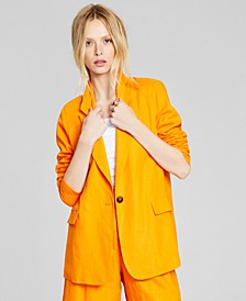 Women's Linen Blend Oversized One-Button Blazer 
