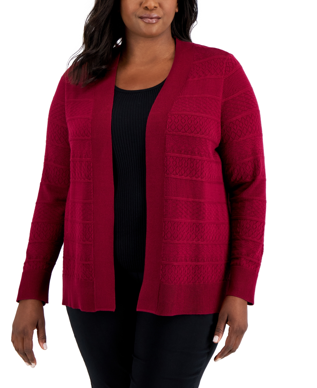 Plus Size Pointelle Cardigan, Created for Macy's - Merlot