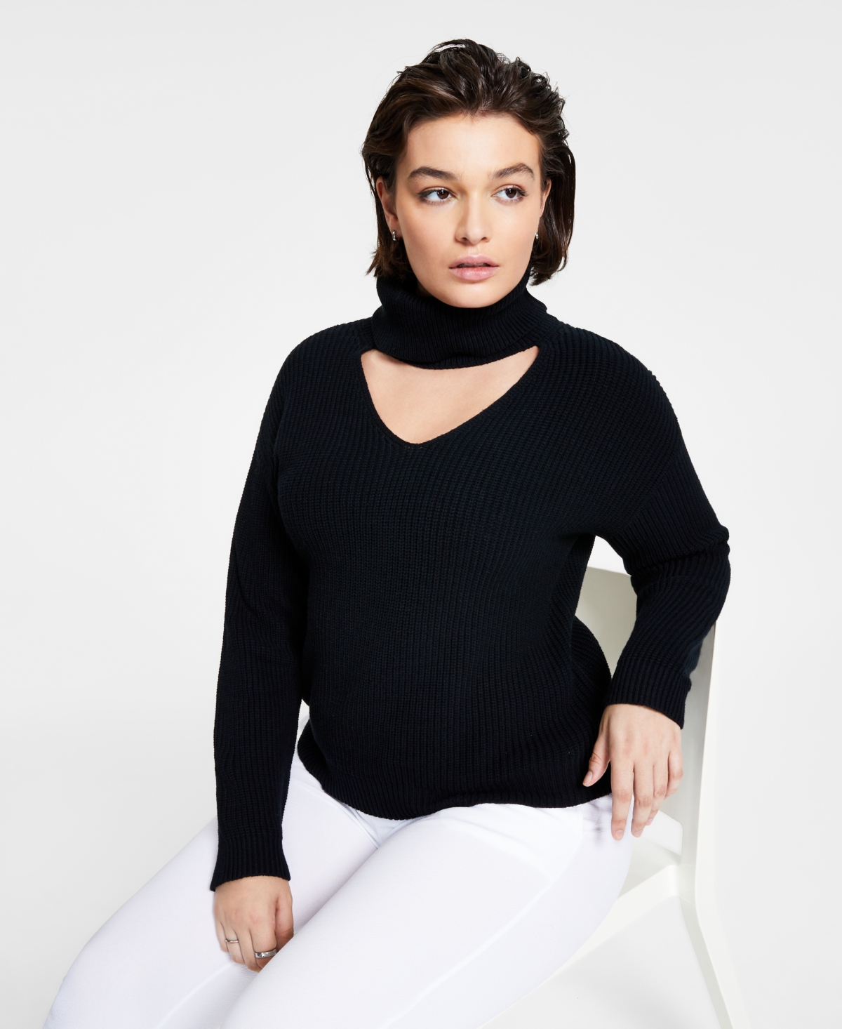 BAR III WOMEN'S CUTOUT-DETAIL TURTLENECK SWEATER, CREATED FOR MACY'S