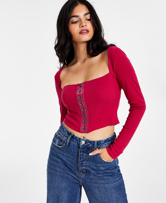 Bar III Women's Cropped Ribbed Long-Sleeve Corset Top, Created for Macy's -  Macy's