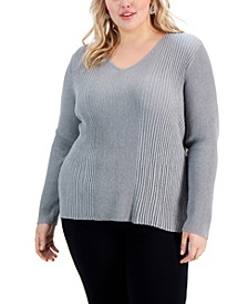 Plus Size Ribbed Shine V-Neck Top, Created for Macy's