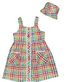 Little Girls Plaid Button-Front Jumper Dress and Plaid Bucket Hat, Set of 2