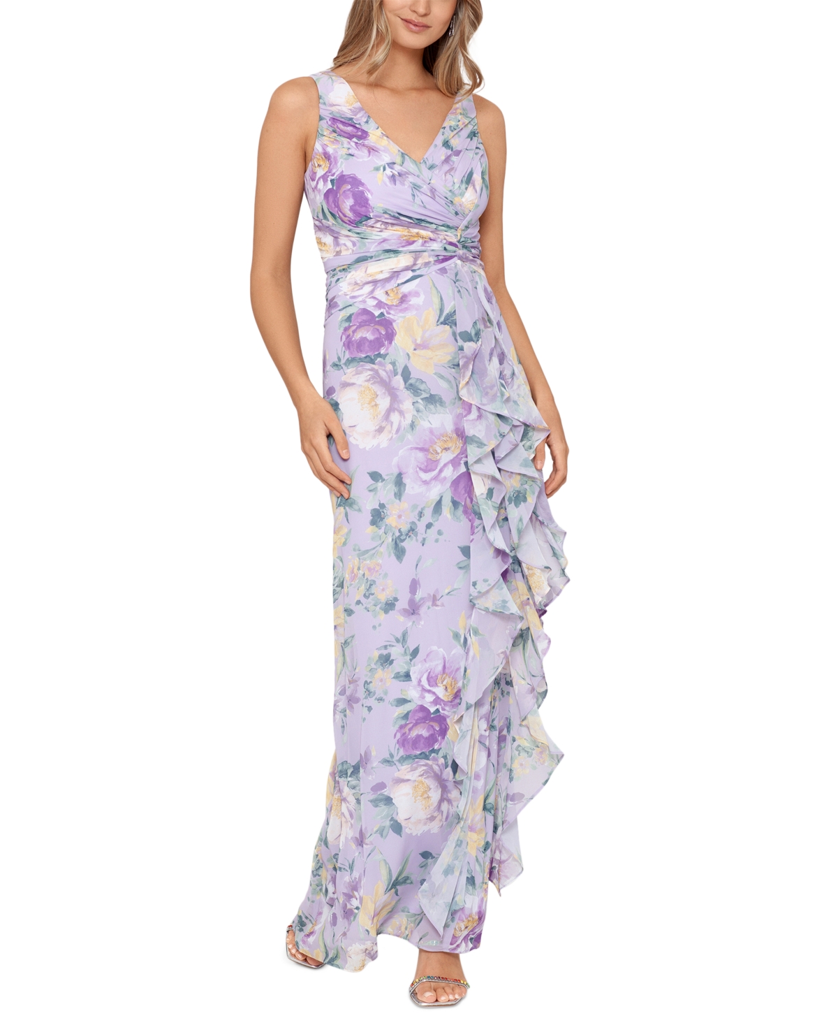 Xscape Women's Twist-front Ruffled Gown In Purple Multi | ModeSens