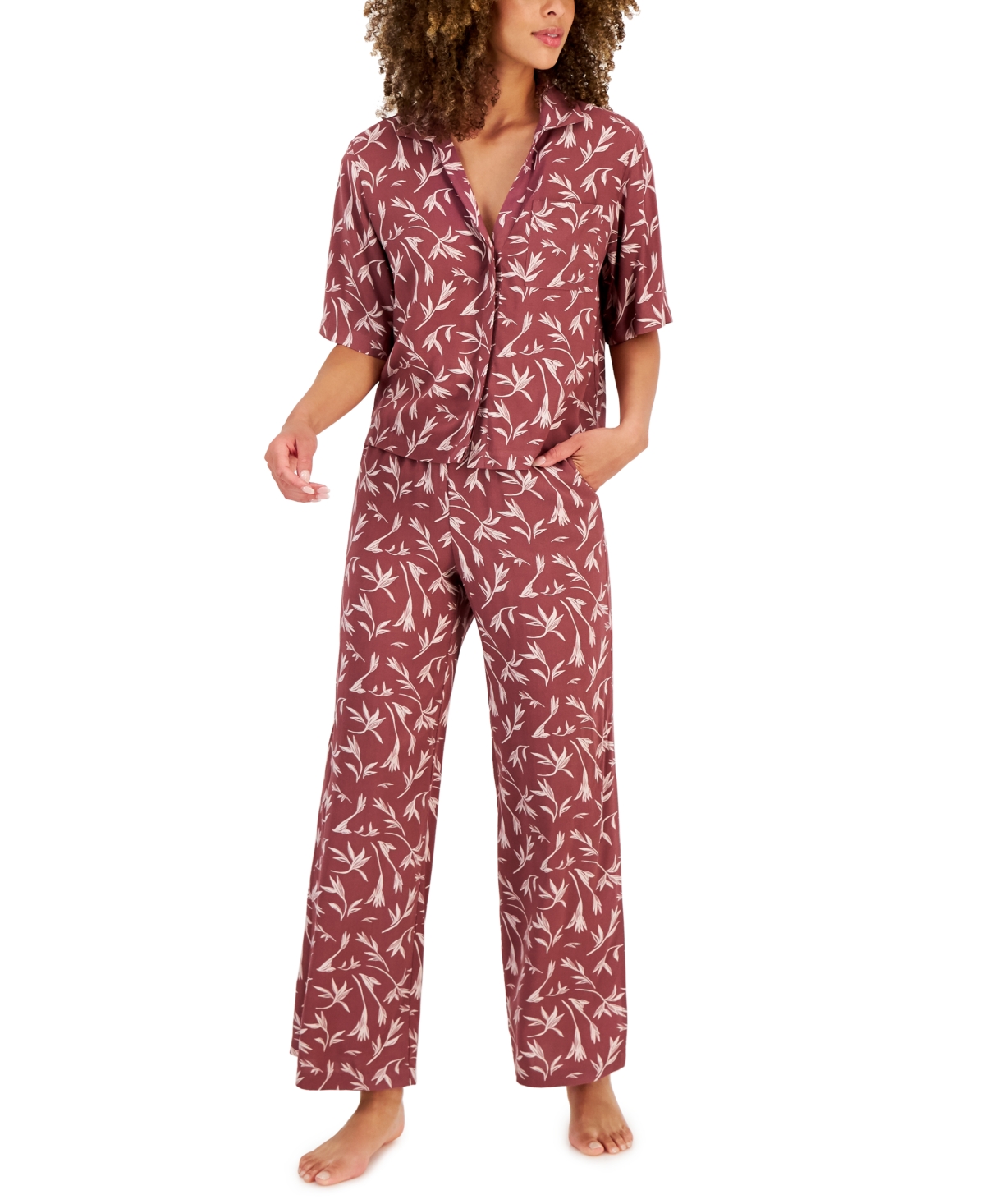 Alfani Women's Printed Cropped Notch Pajama Set, Created for Macy's