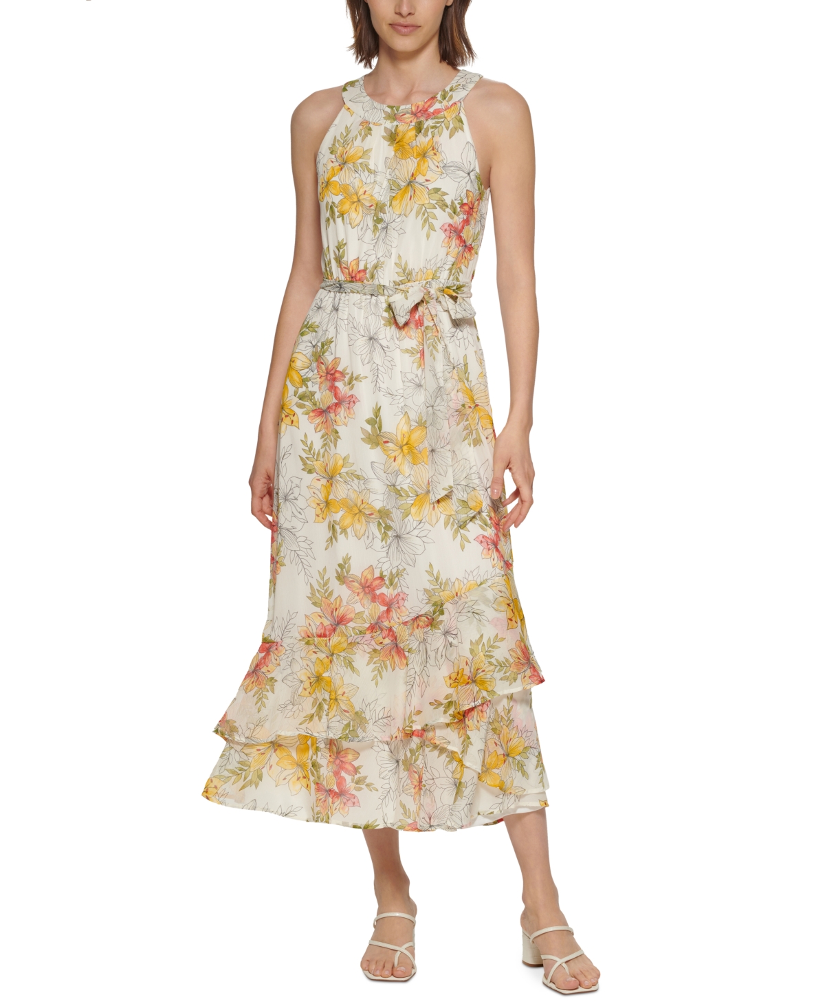 Calvin Klein Floral Halter Maxi Dress In Golden Multi ModeSens