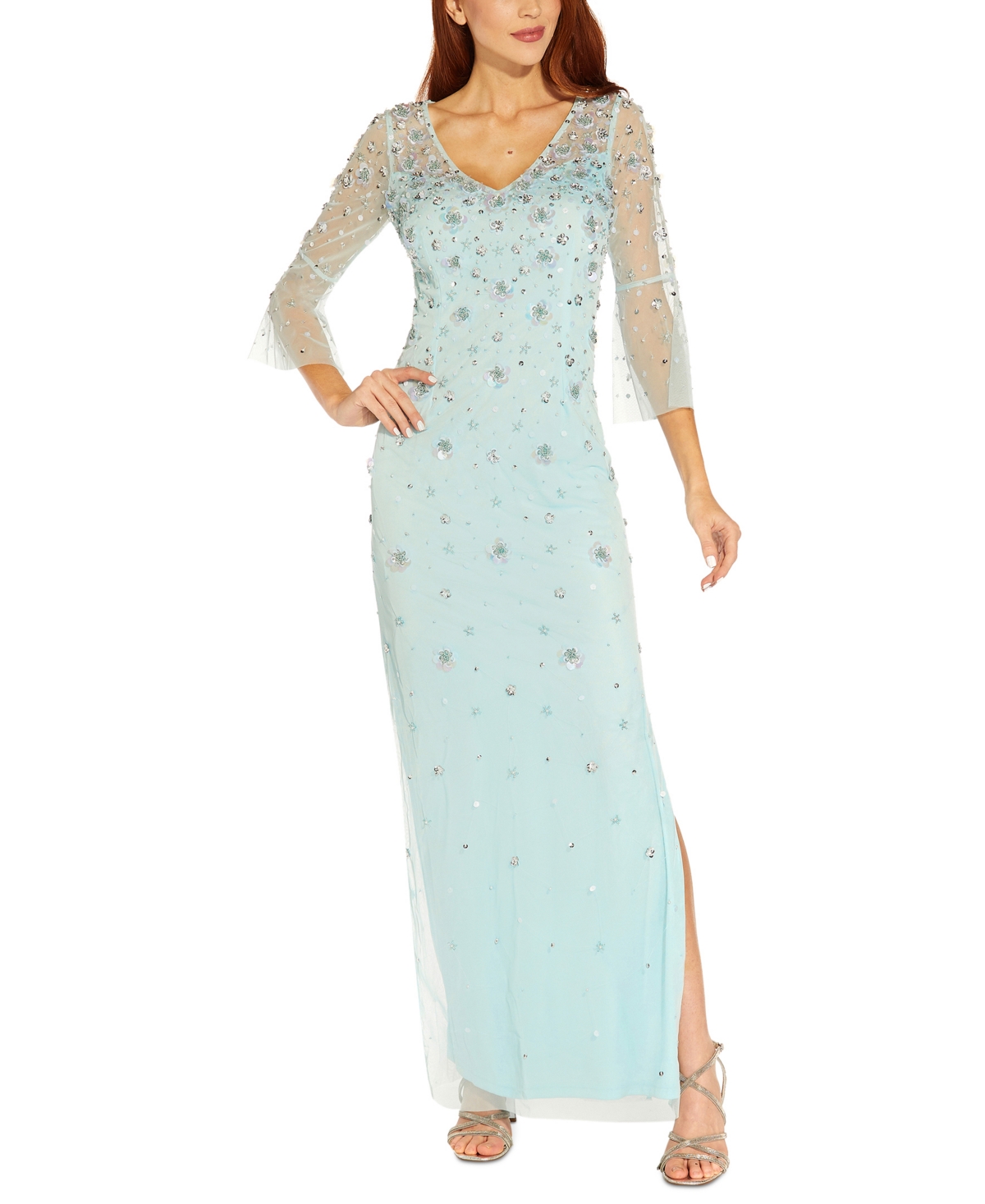 Adrianna Papell Petite Floral Beaded Bell Sleeve Gown Sea Glass Smart Closet