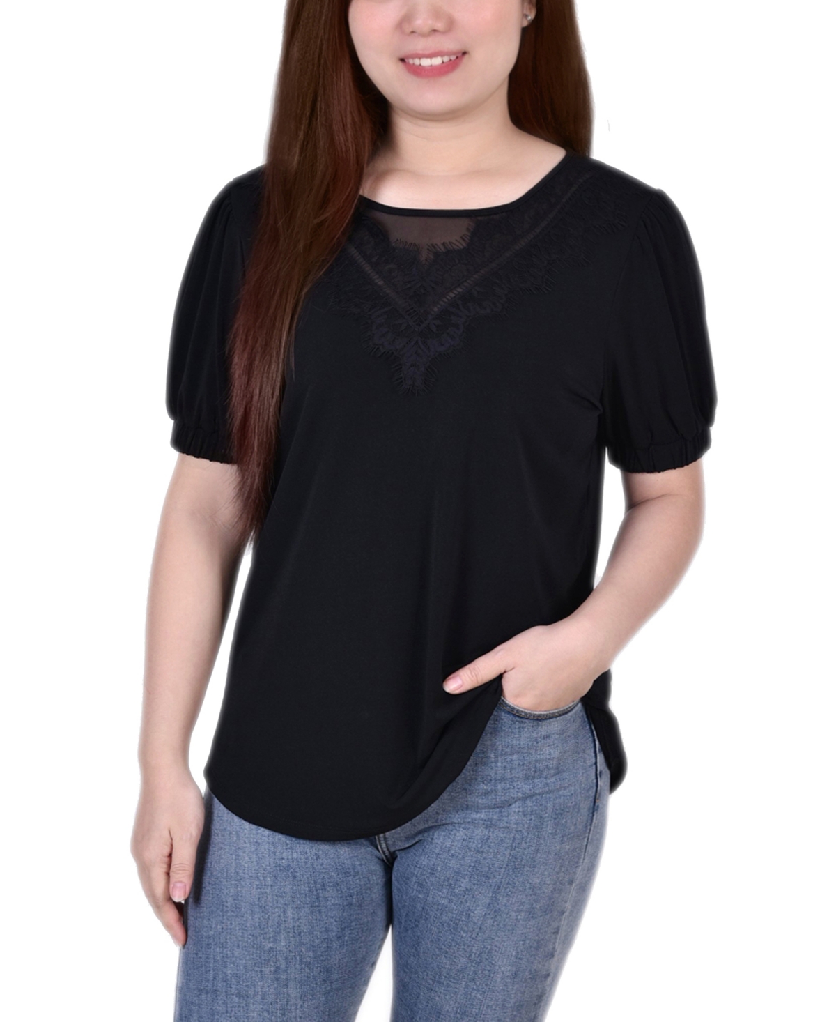 Ny Collection Petite Size Short Puff Sleeve Top With Lace In Black