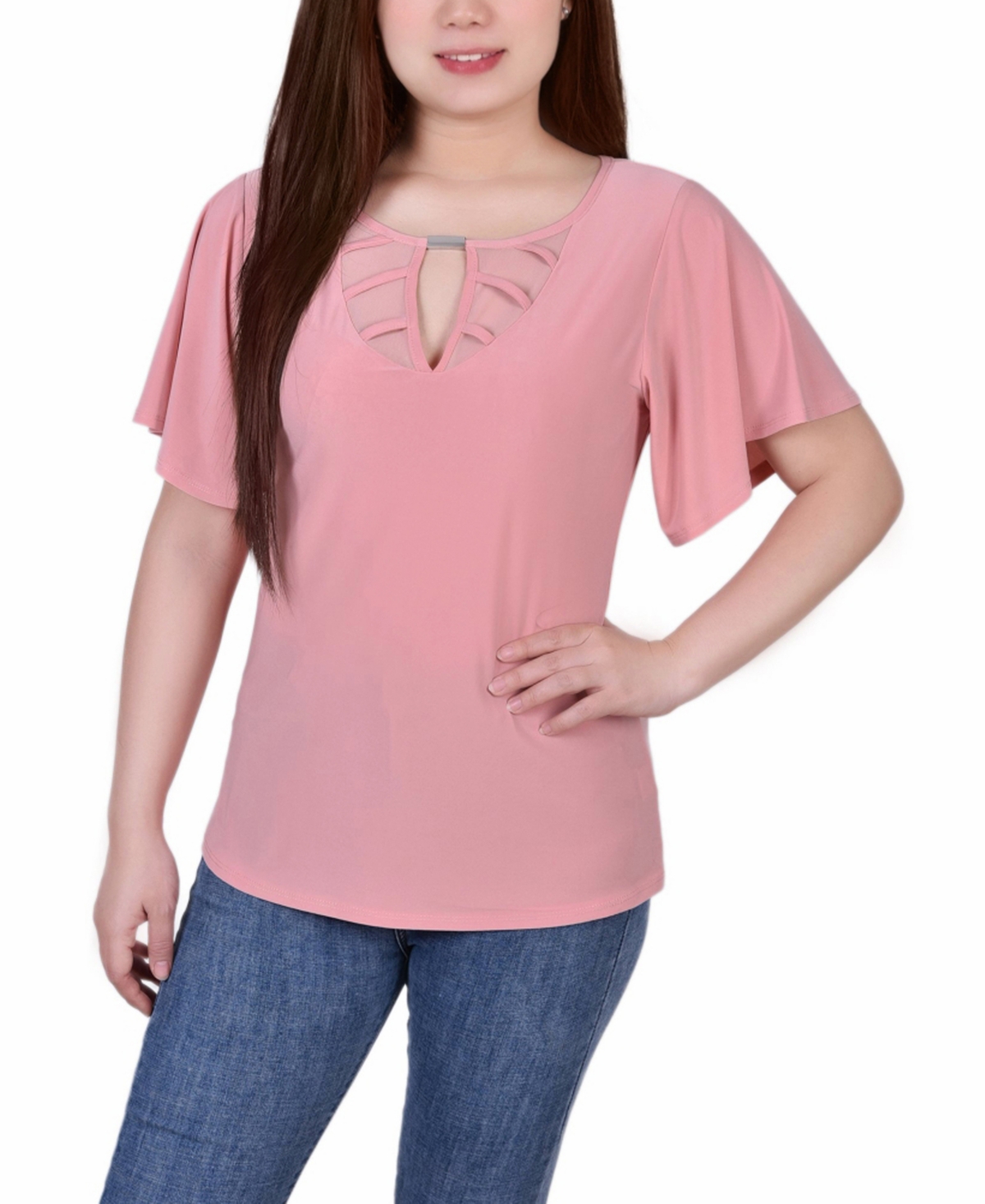 Shop Ny Collection Petite Mesh Flutter Sleeve Knit Top In Mellow Rose