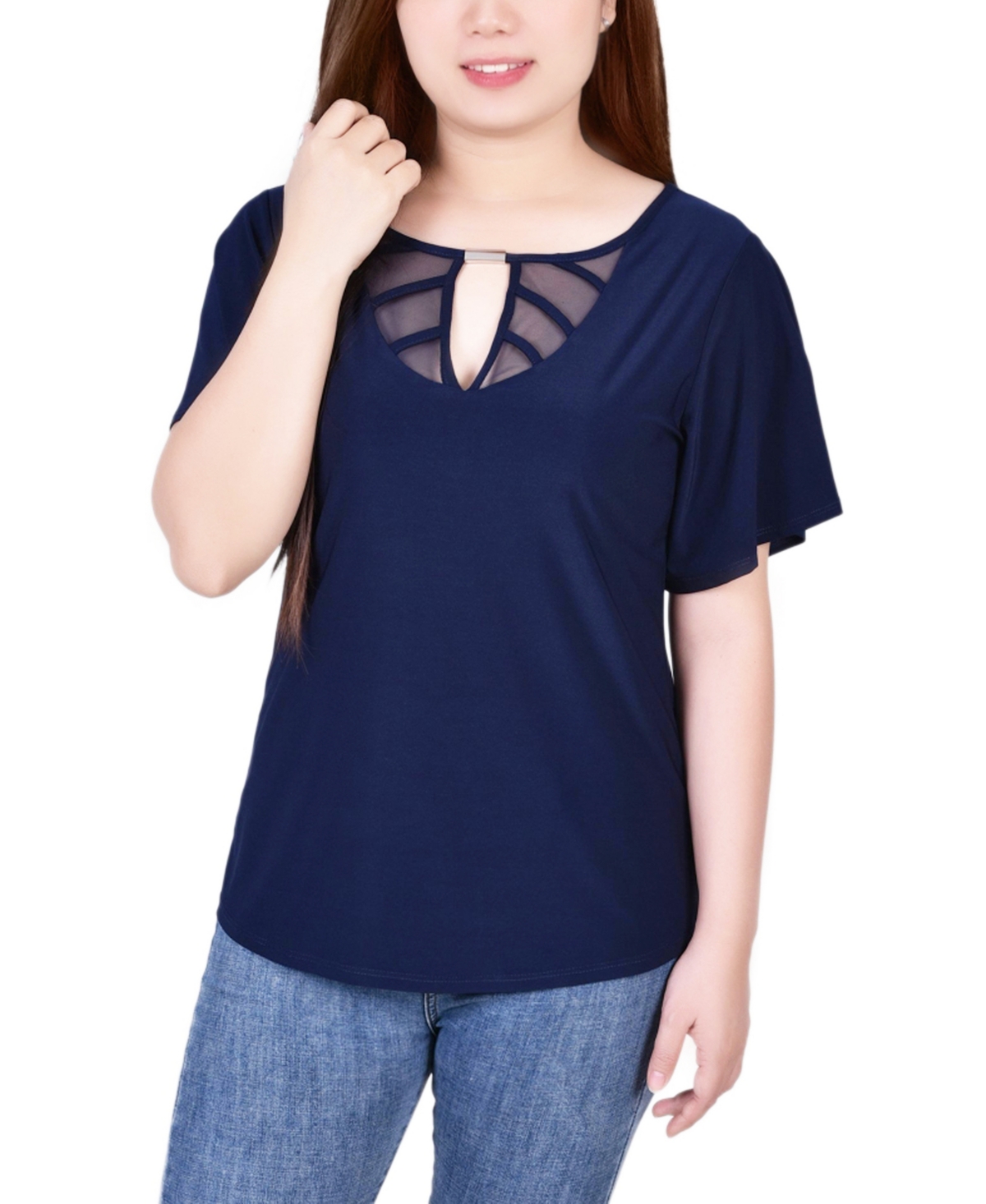 Shop Ny Collection Petite Mesh Flutter Sleeve Knit Top In Patriot Blue