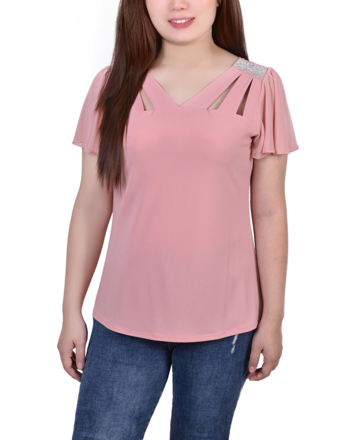 Ny Collection Petite Size Short Flutter Sleeve Top With Cutouts And Stones In Blush