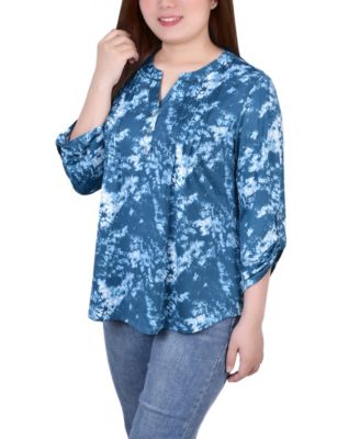 Petite Knit Jacquard 3/4 Sleeve Roll Tab Pintuck Top