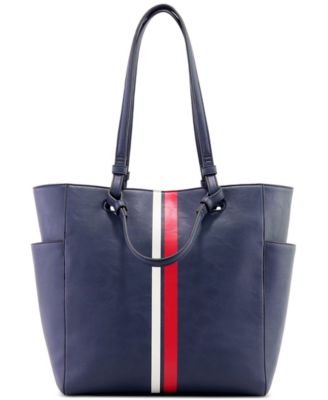 Photo 1 of Alfani Teklah Tote, NAVY
Large sized bag; 15-1/2"W x 12-1/2"H x 5-1/2"D 
6"L short handle; 11"L long handle
Magnetic snap closure
Silver-tone hardware, 2 exterior side slip pockets & back zip pocket
Interior zip & slip pockets