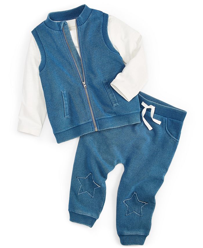 First Impressions Baby Boys 3Pc. Indigo ZipFront Vest, Top & Jogger
