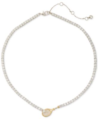 kate spade new york - Gold-Tone Cubic Zirconia & Imitation Pearl Racket Charm Tennis Necklace, 16" + 3" extender