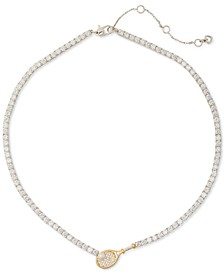 Gold-Tone Cubic Zirconia & Imitation Pearl Racket Charm Tennis Necklace, 16" + 3" extender