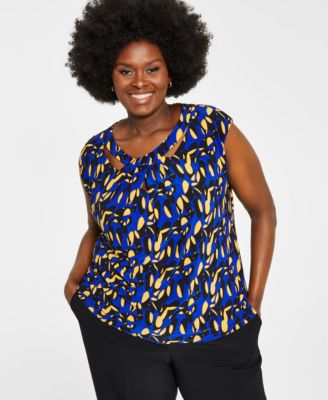 Kasper Plus Size Printed Twist-Neck Top
