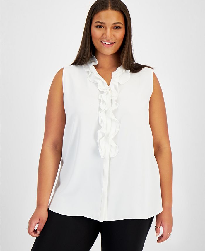 White ruffle front sales blouse plus size