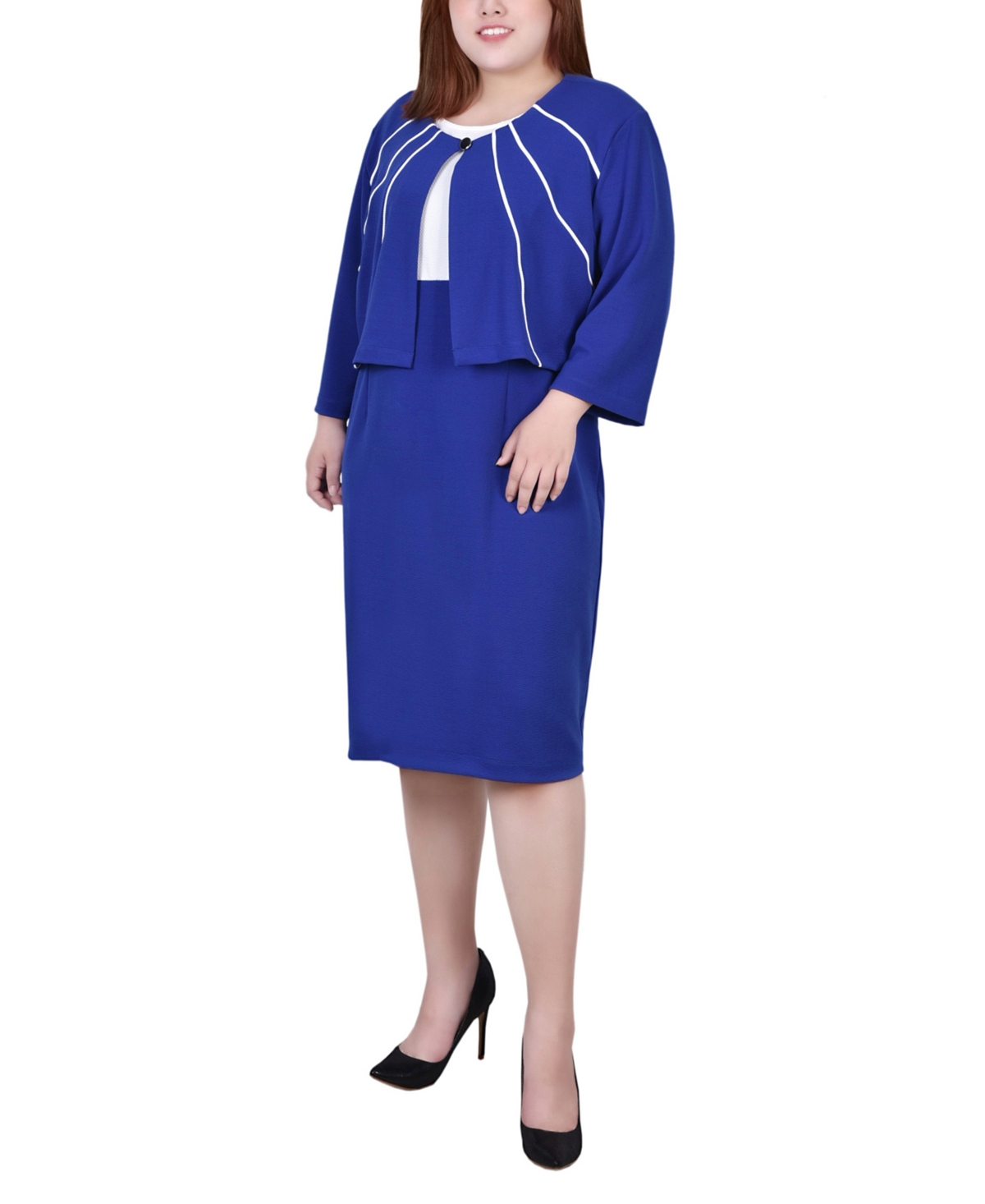Ny Collection Plus Size Two Piece Jacket And Dress Set In Cobalt