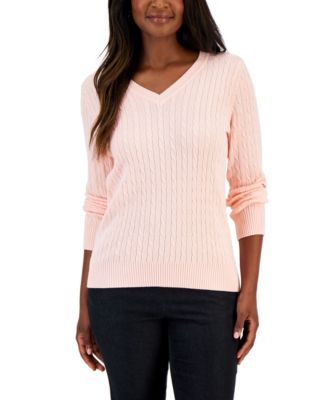 Karen Scott Petite Cotton V-Neck Cable 