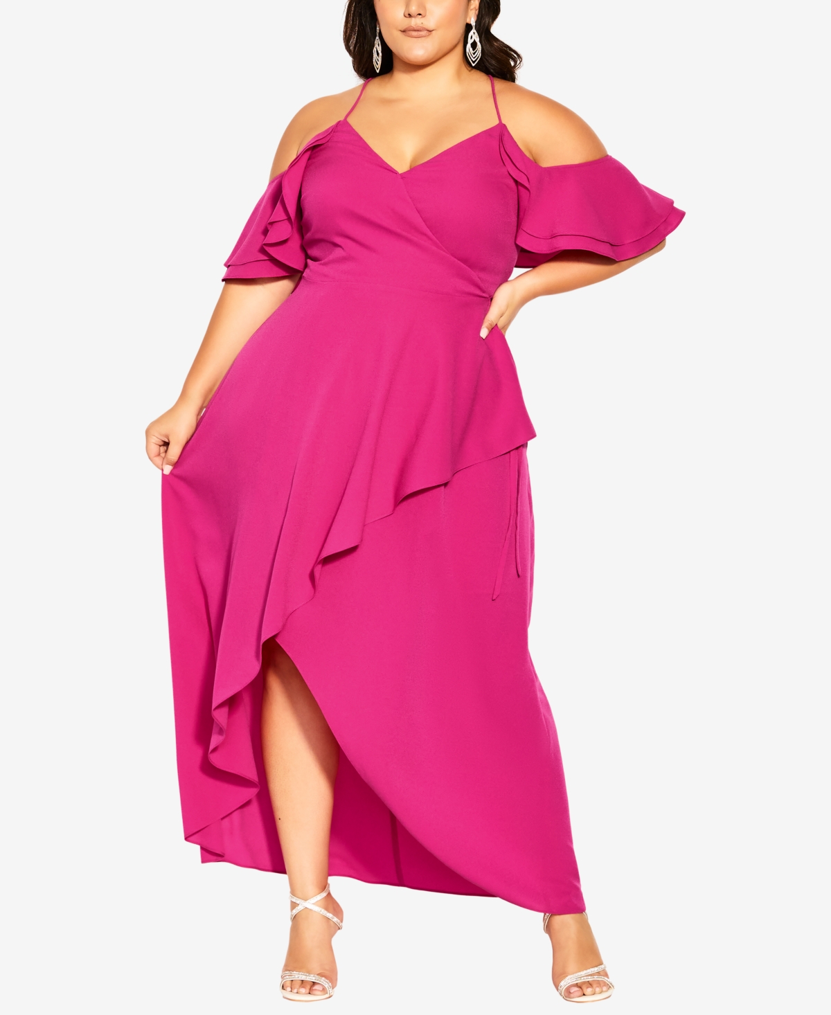 City Chic Trendy Plus Size Elegant Deep V neck Maxi Dress In Shock