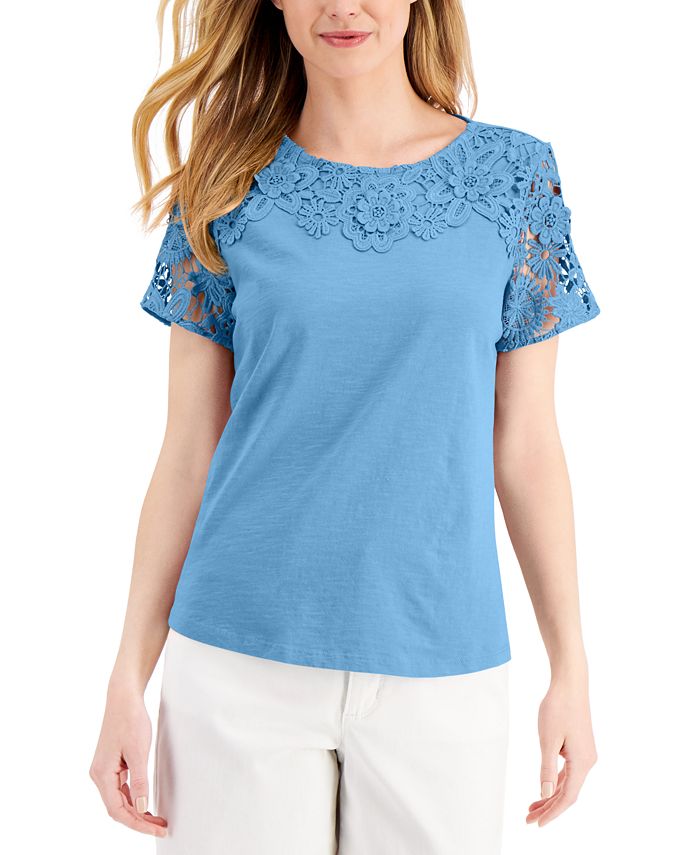 Charter Club Petite Linen Embroidered-Sleeve Top, Created for