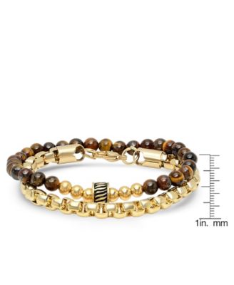 Men's 2 Pieces 18k Gold Plated Stainless Steel Rounded Box Chain Bracelet and Tiger Eye Beaded Bracelet Set
