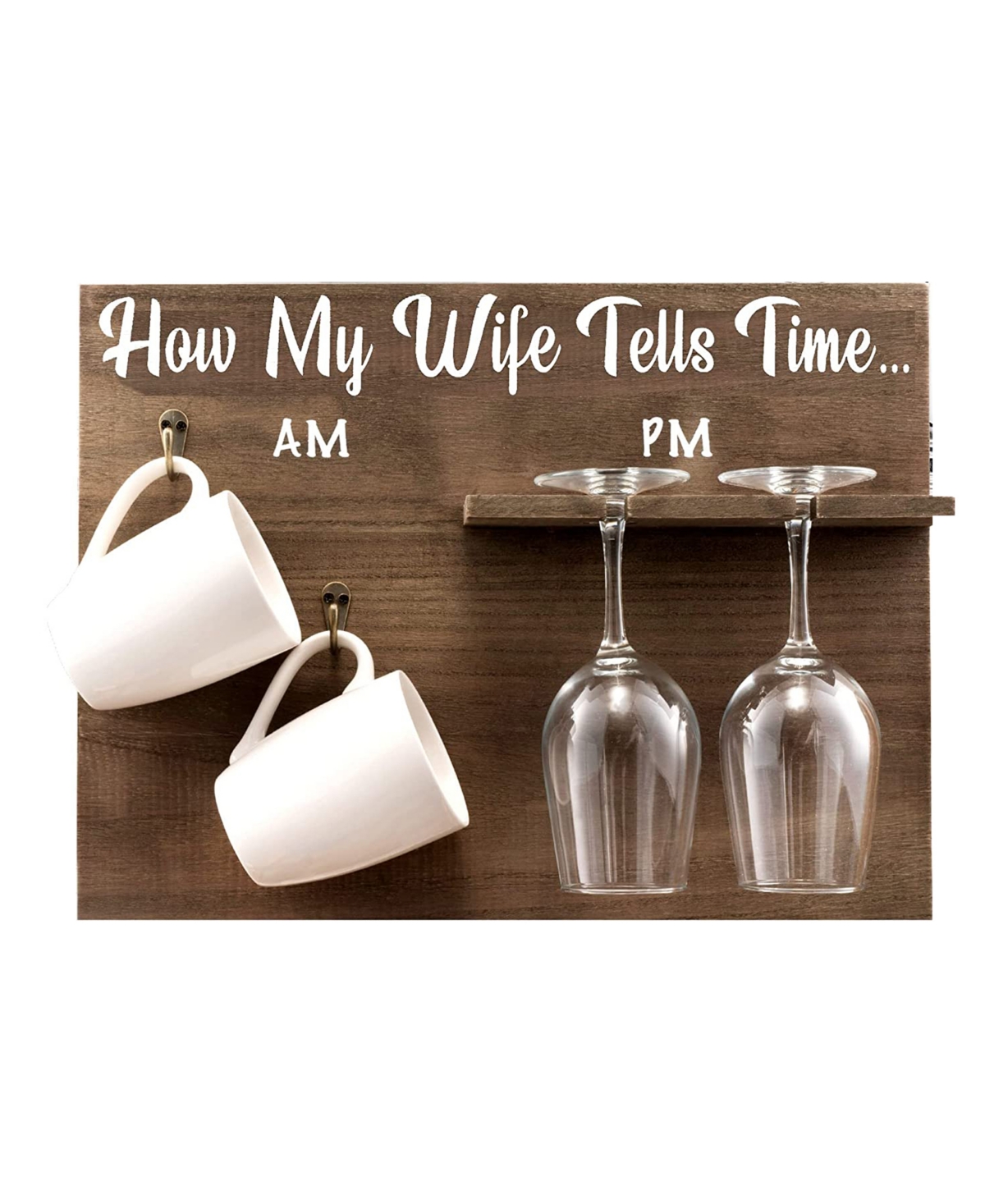 Bezrat How My Wife Tells Time Wall Mounted Wine Rack With Glasses And Coffee Mugs, Set Of 5 In Brown