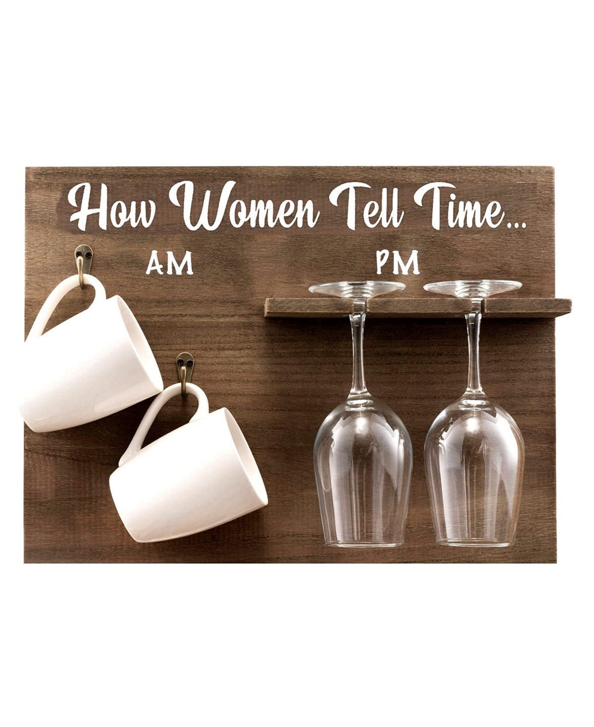 Bezrat How Woman Tell Time Wall Mounted Wine Rack With Wine Glasses And Coffee Mugs, Set Of 5 In Brown