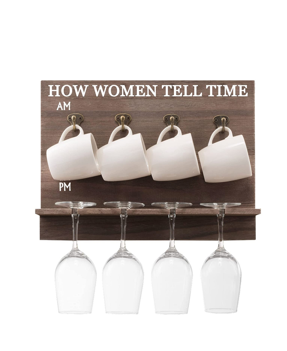 Bezrat How Women Tell Time Wall Mounted Wine Rack With Wine Glasses And Coffee Mugs, Set Of 9 In Brown