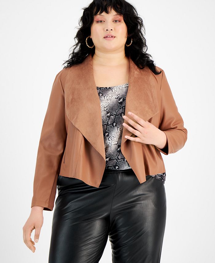 Bar III Trendy Plus Size Faux Leather Flyaway Jacket Created for