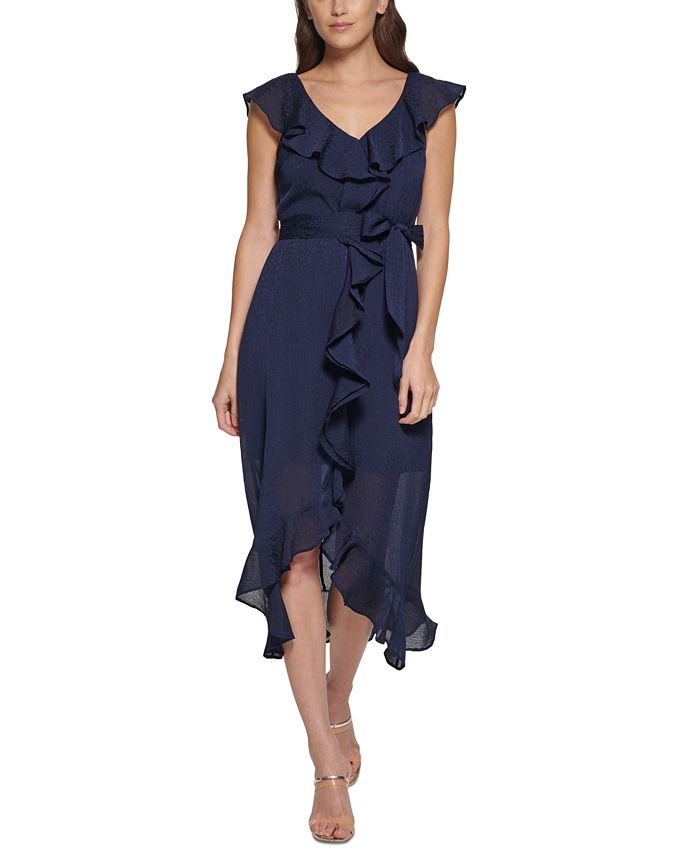 DKNY Women's V-Neck Tie-Waist Sleeveless Ruffled Dress - Macy's