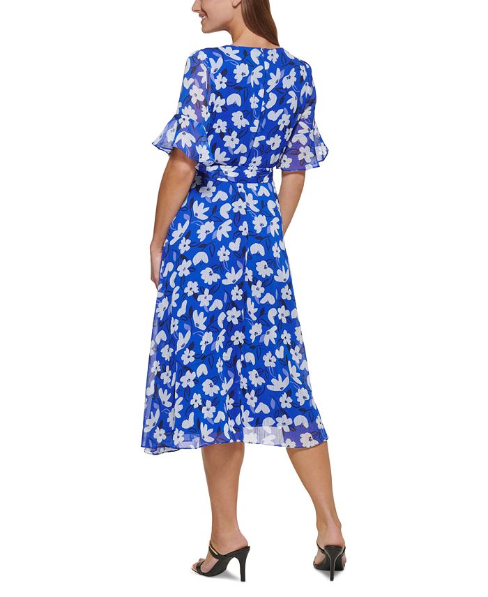 DKNY Floral-Print Ruffled-Sleeve Faux-Wrap Dress - Macy's