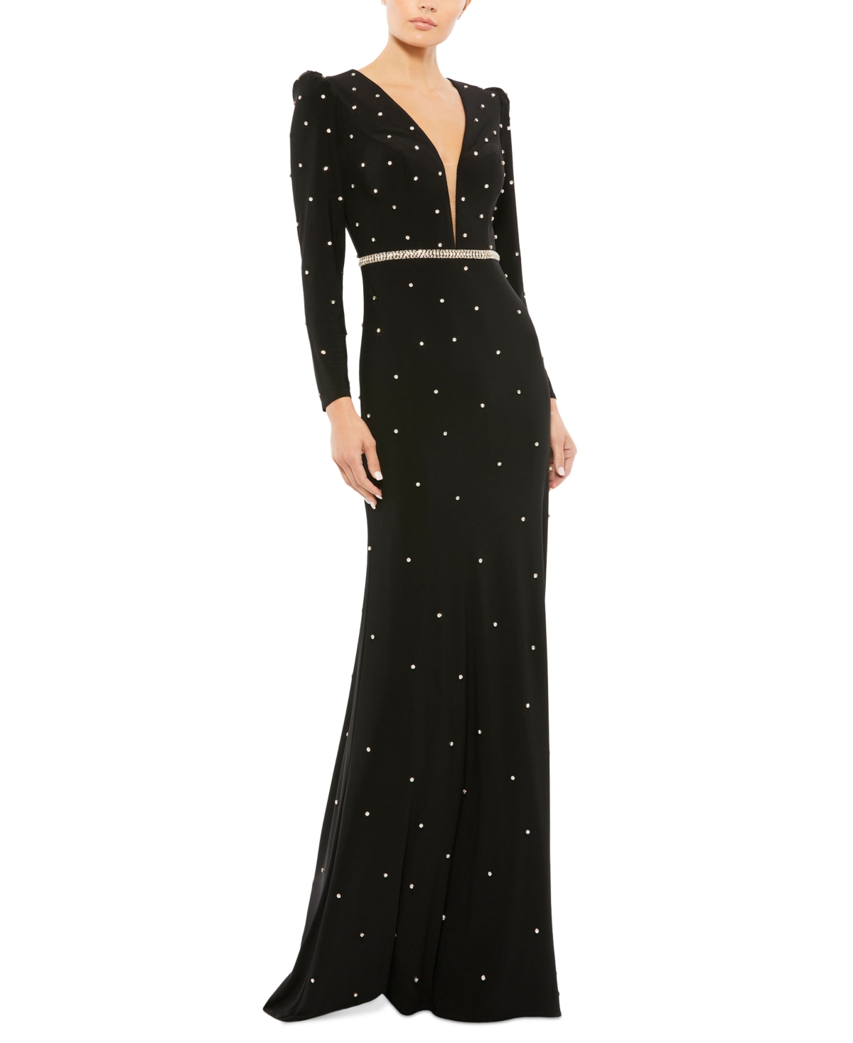 Mac Duggal Belted Jewel Encrusted Plunge Neck Long Sleeve Gown In Black Silver