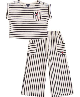 Little Girls 2 Piece French Terry Striped Wide-Leg Pants Set