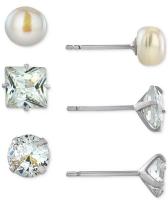 Macy's - 3-Pc. Cubic Zirconia & Cultured Freshwater Pearl (7mm) Stud Earrings in Sterling Silver