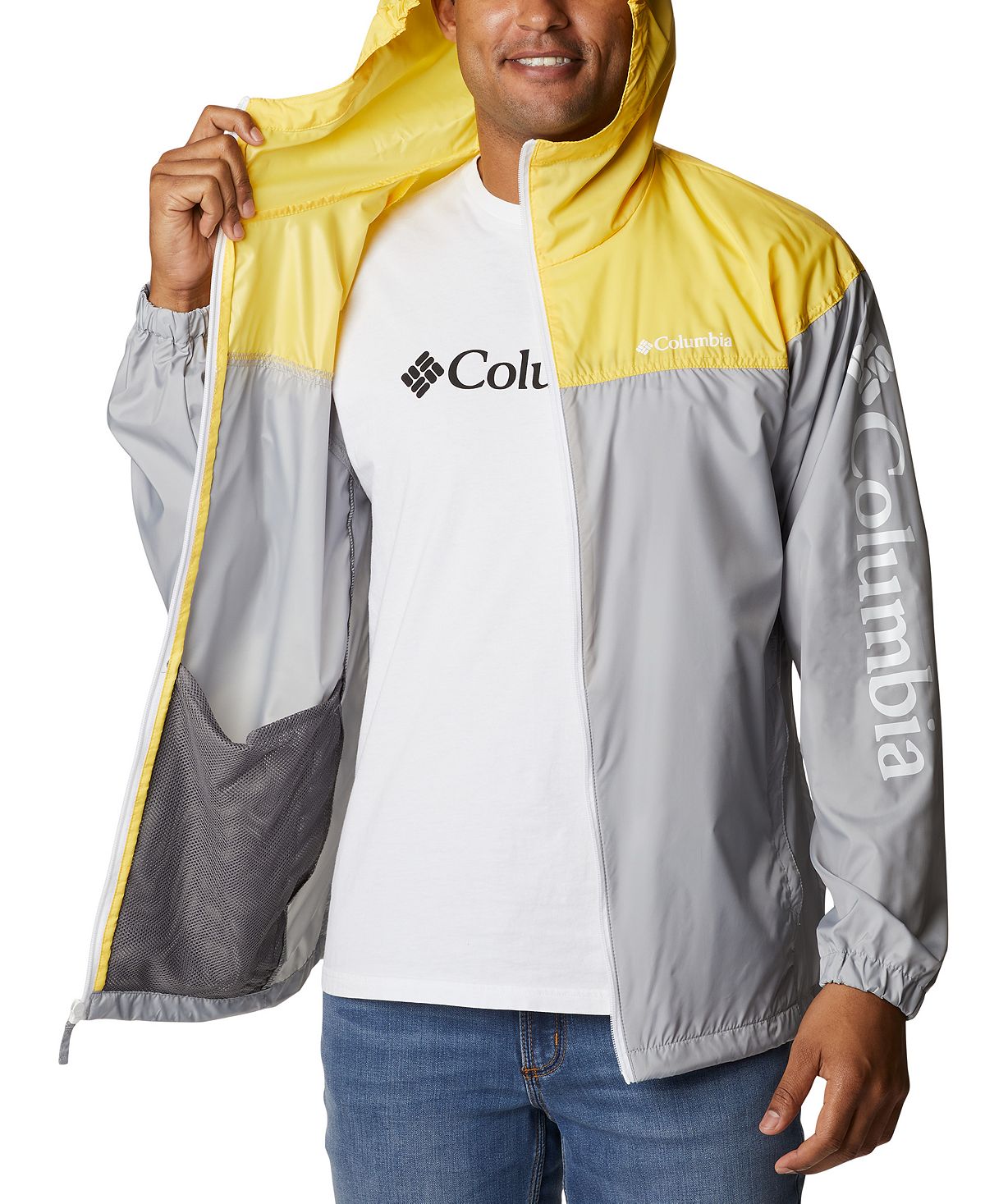 Columbia Men's Flash Challenger Novelty Windbreaker Jacket (Columbia Grey, Sun Glow, White Logo)