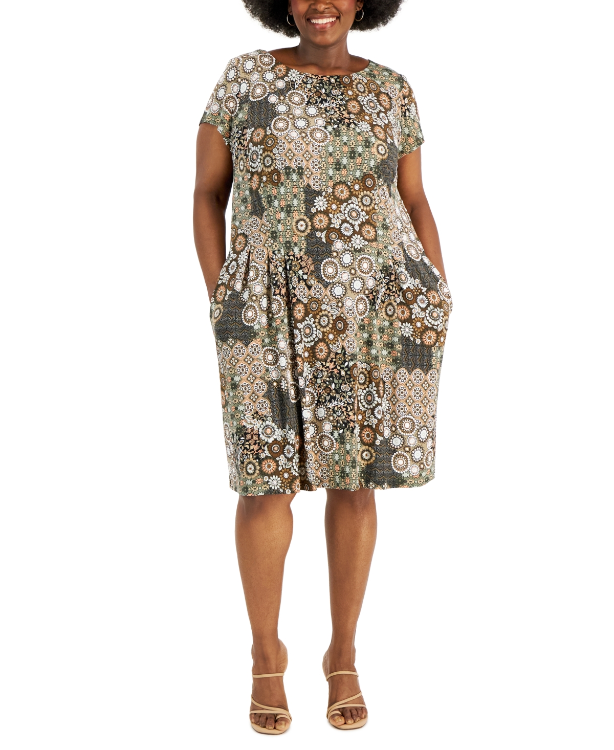 Shop Connected Plus Size Printed Fit & Flare Dress In Orange