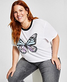 Trendy Plus Size Butterfly-Graphic Ringer T-Shirt