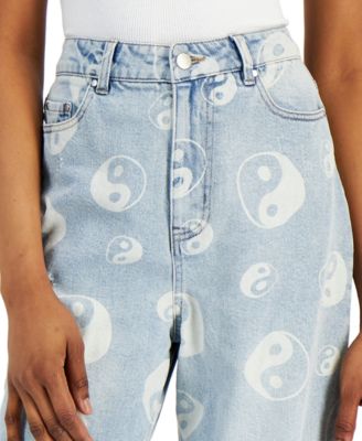Tinseltown Juniors' Distressed Ying-Yang-Print Mom Jeans