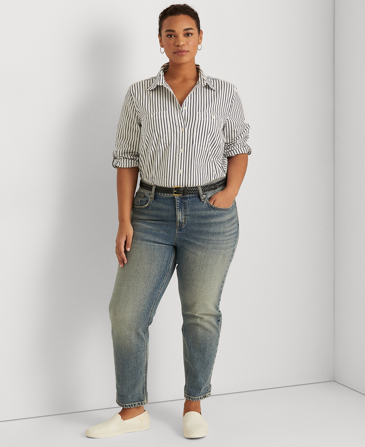Lauren Ralph Lauren Plus Size Stripe Roll Tab Button-Down Shirt -Blue