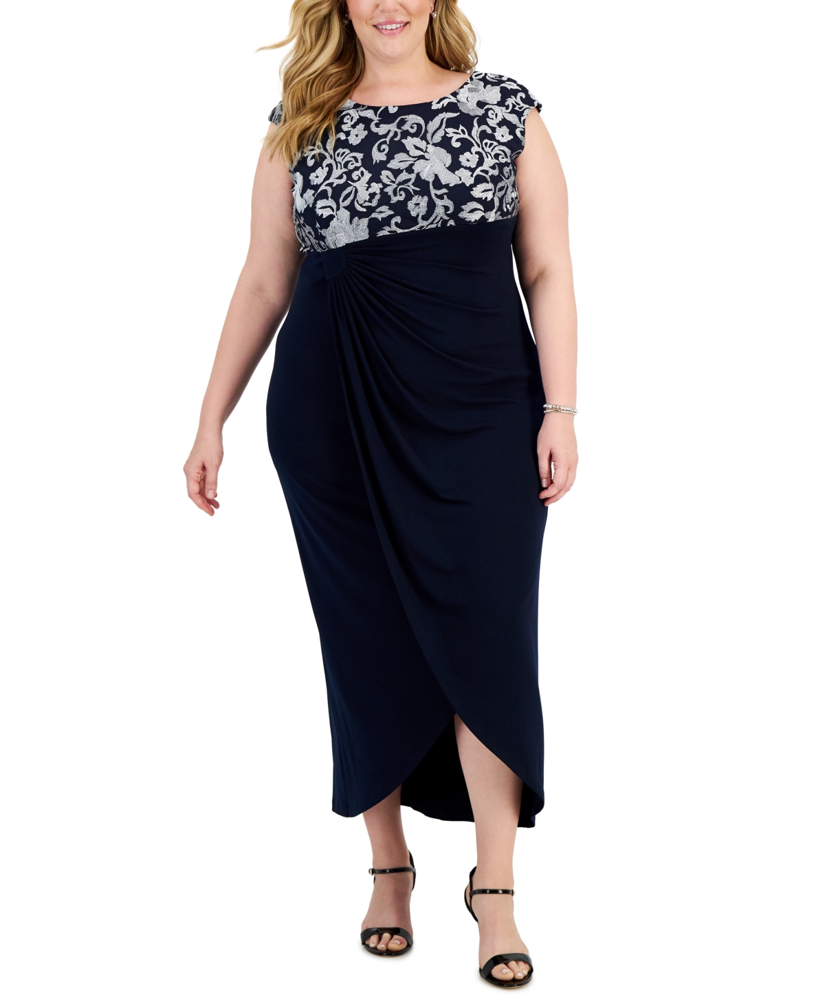 Connected Plus Size Embroidered Gathered-Waist Gown