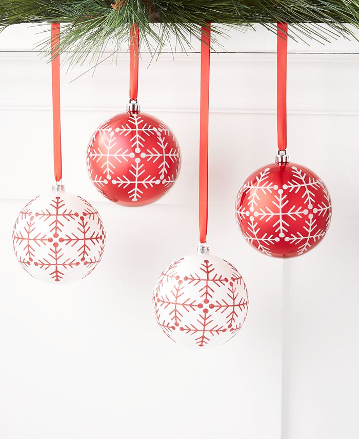 Holiday Lane - Christmas Cheer Red & White Decorated Ball Ornaments, Set of 4