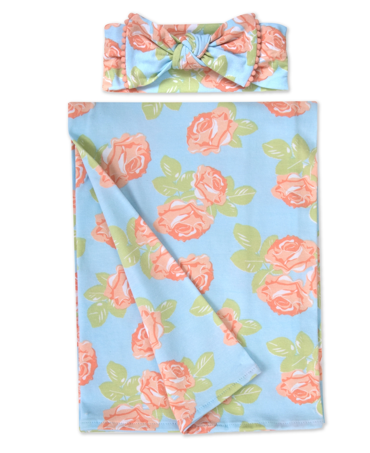 Baby Essentials Baby Girls Soft Floral Swaddle Wrap Blanket With Matching Headband, 2 Piece Set In Aqua