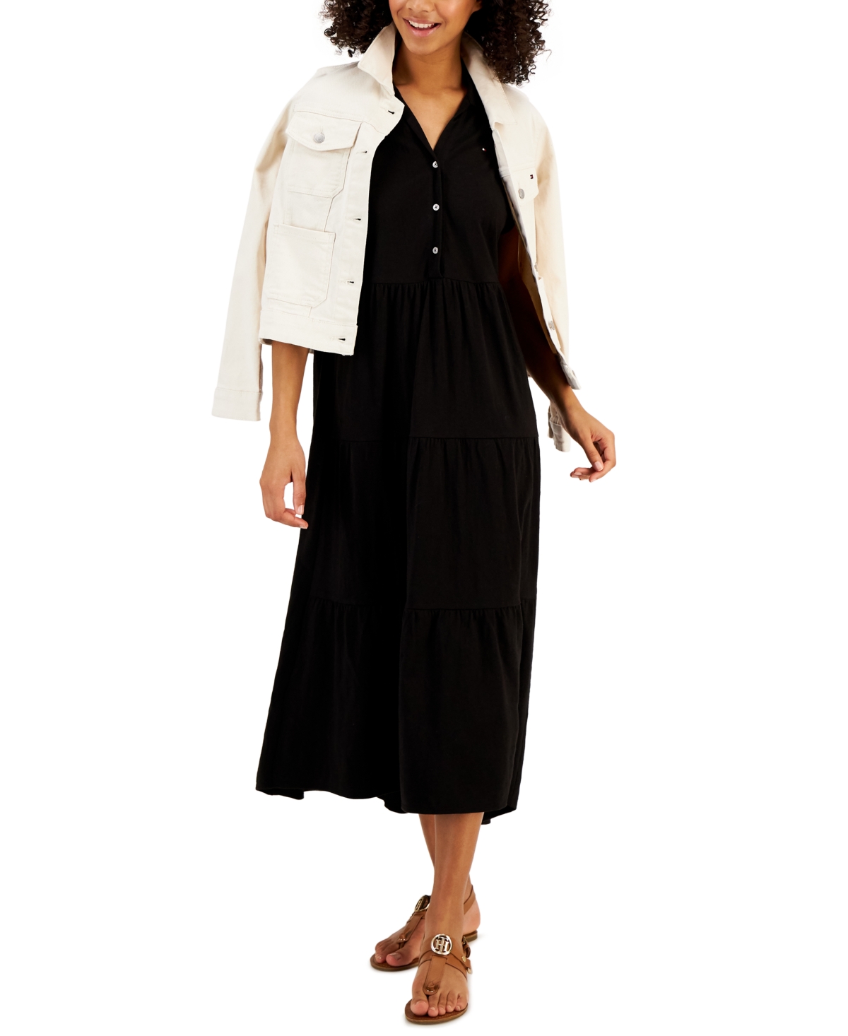 Tommy Hilfiger Women's Cotton Midi Tiered Dress