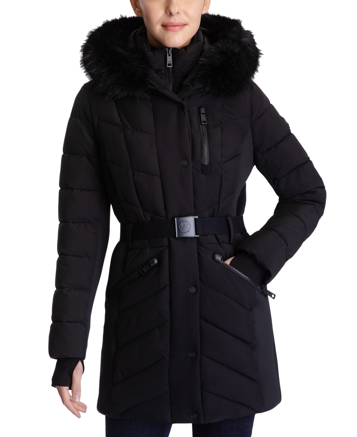 Michael Kors Michael  Women's Belted Faux-fur-trim Hooded Puffer Coat In Black